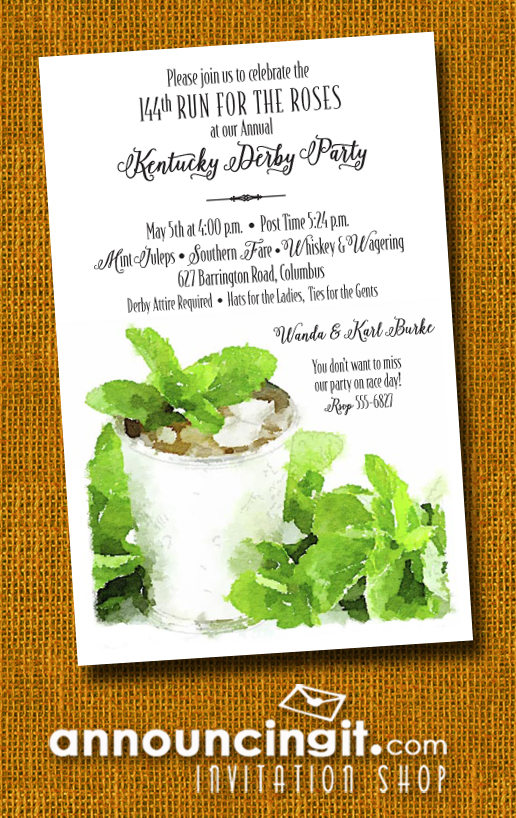 Sprigged Mint Juleps Kentucky Derby Party Invitations | See the entire collection at Announcingit.com