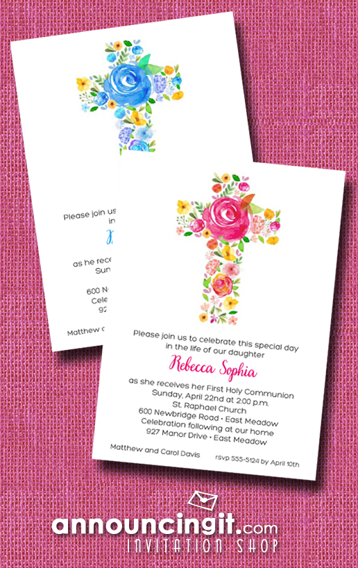 Cross of Flowers in Pink or Blue First Communion Invitations | See our entire collection at Announcingit.com