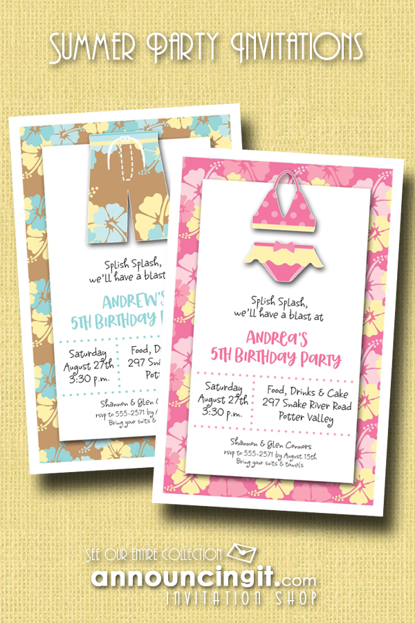 Swimsuits on Tropical Hibiscus Background Summer Party Invitations | Announcingit.com