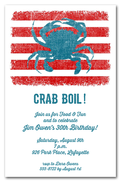 Blue Crab on Red Stripes Party Invitations