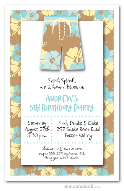 Hibiscus Board Shorts Party Invitations