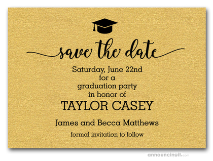 Grad Hat on Shimmery Gold Save the Date Cards