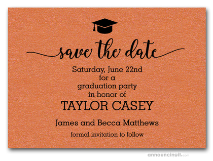 Grad Hat on Shimmery Orange Save the Date Cards