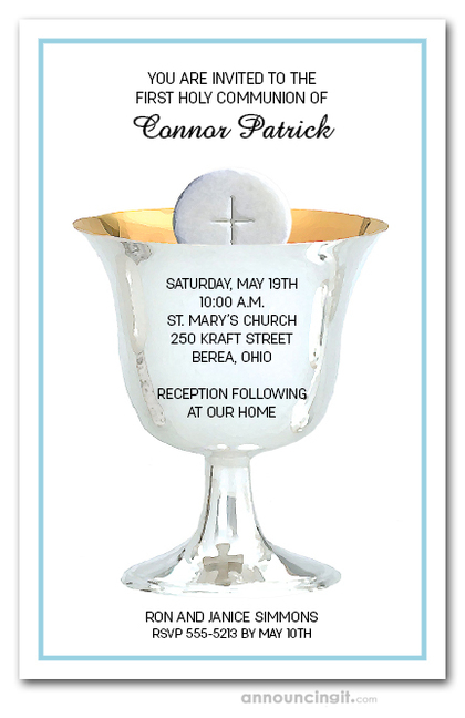 Silver Chalice First Communion on Blue Invitations