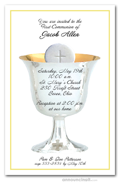 Silver Chalice Yellow Communion Invitations
