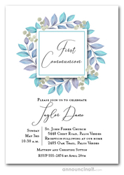 Leaves Blue First Communion Invitations