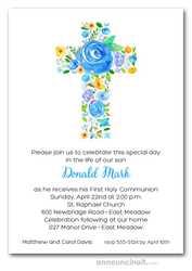 Cross of Flowers Blue First Communion Invitations