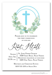 First Communion Invitations Eucalyptus Wreath Blue Cross Communion Invitation