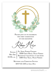 First Communion Invitations Eucalyptus Wreath Gold Cross Communion Invitation
