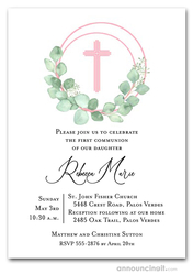 First Communion Invitations Eucalyptus Wreath Pink Cross Communion Invitation