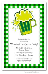 Green Beer on Plaid St. Patrick's Invitations