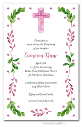 Pink Cross, Leaves & Buds Religious Invitations