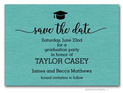 Grad Hat on Shimmery Turquoise Save the Date Cards