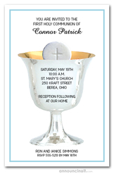 Silver Chalice First Communion on Blue Invitations