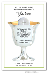 Silver Chalice First Communion on Green Invitations