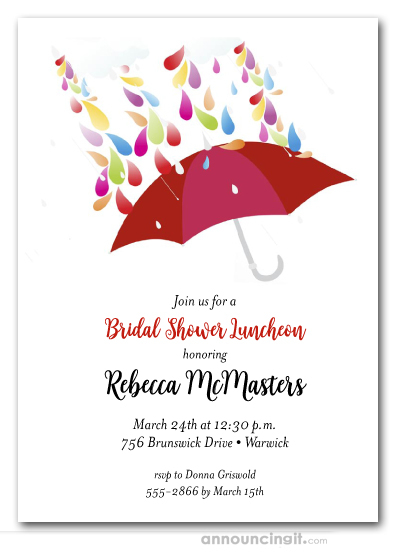 Raindrops Red Umbrella Bridal Shower Invitations