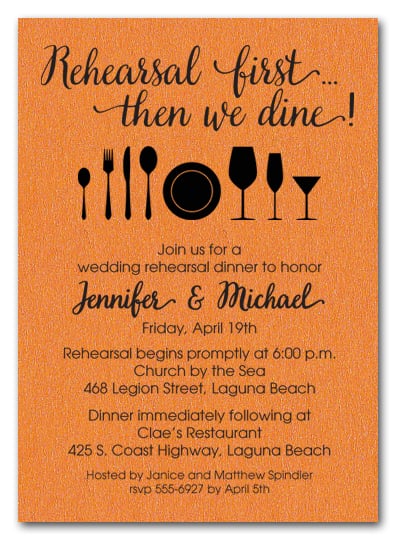 Rehearsal First Orange Shimmery Party Invitations