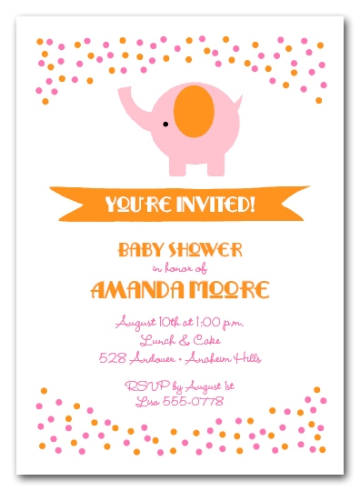 Elephant Pink and Orange Dots Baby Shower Invitations
