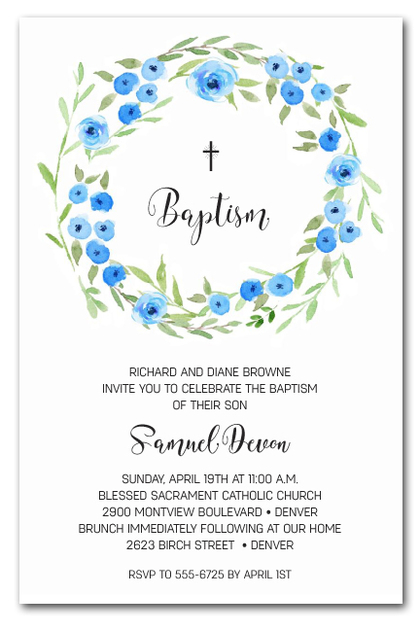 Blue Blooms Wreath Baptism Invitations