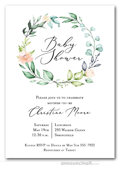 Elegant Soft Floral Wreath Baby Shower Invitations