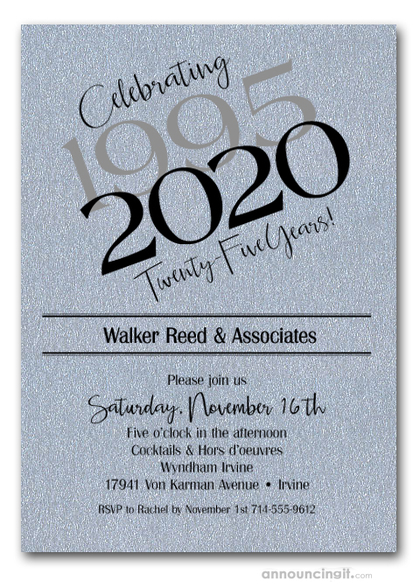 Then & Now Shimmery Silver Business Anniversary Invitations
