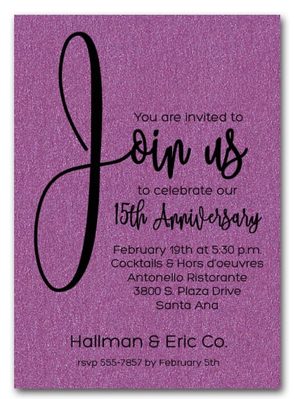 Join Us Shimmery Purple Business Anniversary Invitations