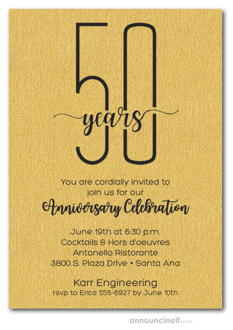 slender business anniversary party on shimmery gold invitations