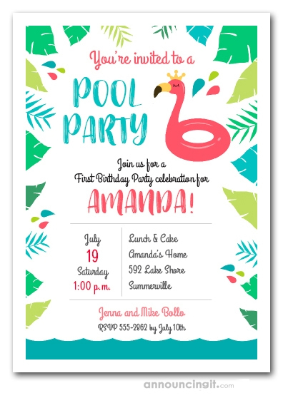 Flamingo Float Pool Party Birthday Invitations