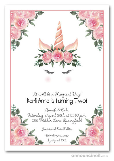 Unicorn and Pink Roses Birthday Invitations