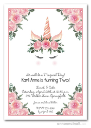 Unicorn and Pink Roses Birthday Invitations