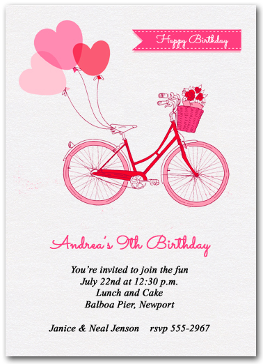 Balloons and Pink Bike Party Invitations