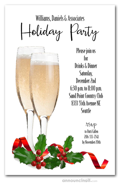 Red Ribbon Champagne Toast Holiday Invitations