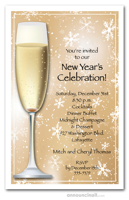 Champagne and Gold Snowflakes New Year's Invitations