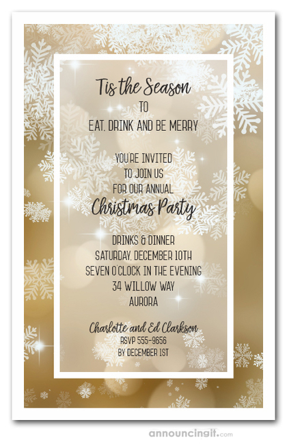Falling Snow on Gold Holiday Invitations