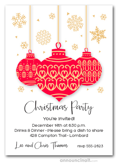 Red & Gold Ornaments & Snowflakes Holiday Invitations