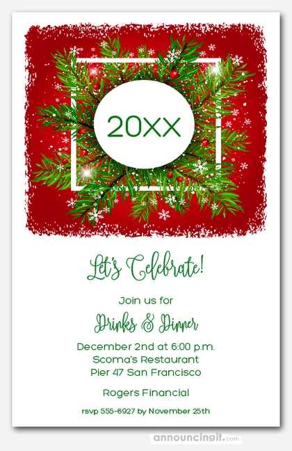 Holiday Greens and Snow on Crimson Invitations