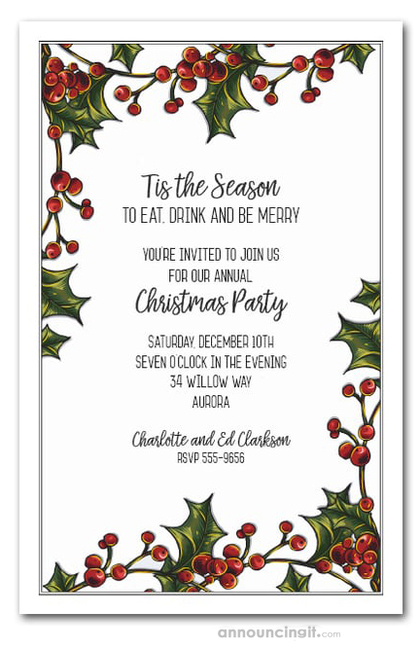 Holly Berry Garland Christmas Invitations