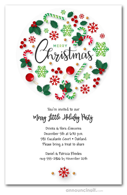 Red and Green Canes and Flakes Christmas Invitations