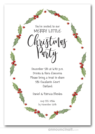 Oval Holly & Berries Holiday Party Invitations
