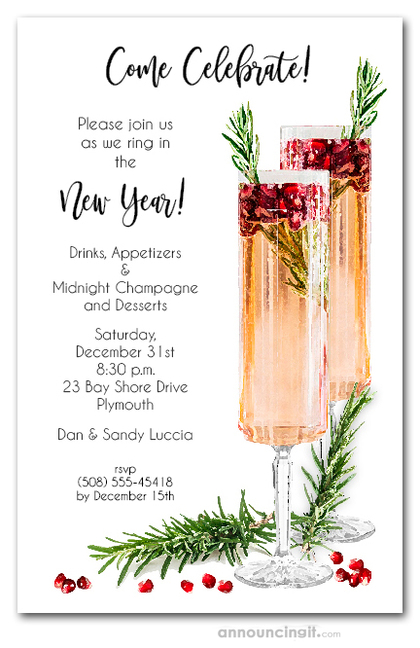 Pomegranate Champagne New Year's Eve Invitations