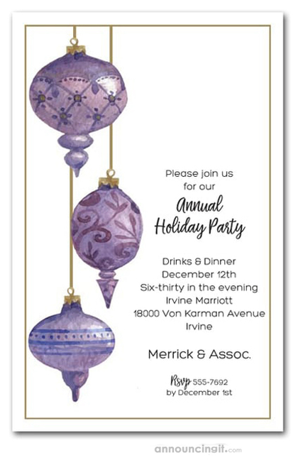 Purple Holiday Ornaments Party Invitations