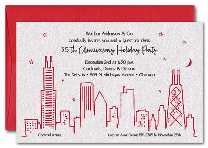 Red Chicago Skyline on Shimmery White Invitations