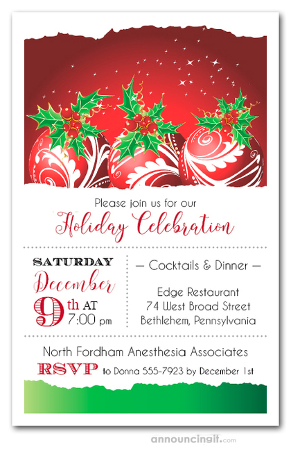 Red Swirl Ornaments & Holly Holiday Invitations