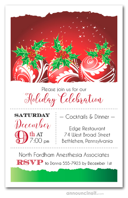 Red Swirl Ornaments & Holly Christmas Holiday Party Invitations