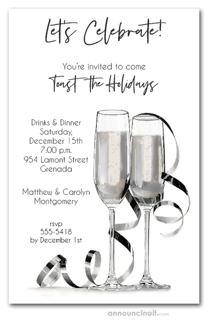 Noir Champagne & Streamers Holiday Invitations