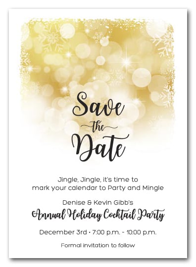 White Snowflakes On Gold Holiday Christmas Party Save The Date Cards