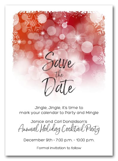 White Snowflakes On Red Holiday Christmas Party Save The Date Cards