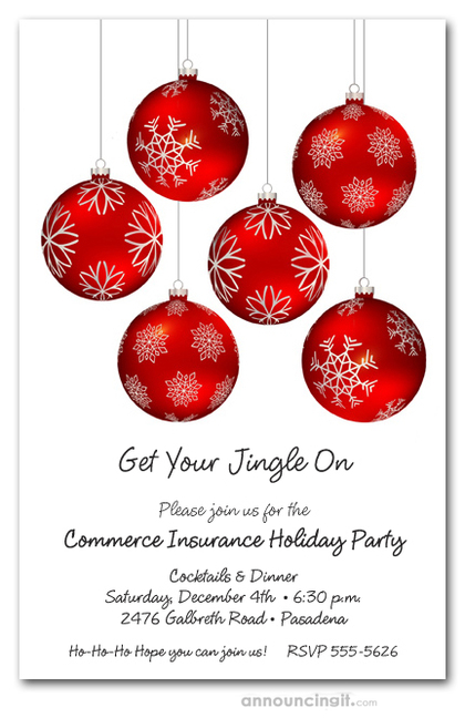 Snowflakes on Red Ornaments Christmas Invitations