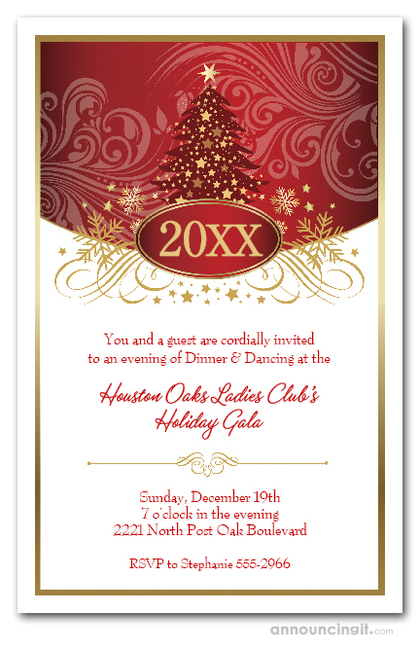 Swirled Red Christmas Tree Holiday Party Invitations