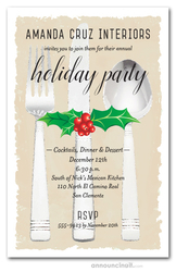 Holly & Berries on Flatware Holiday Invitations